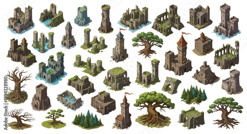 Isometric medieval castle ruins and fantasy fortress set, 32 ancient stone building icons, abandoned kingdom architecture for game design