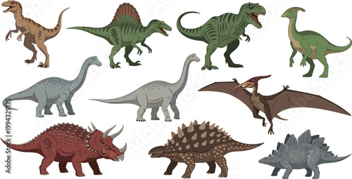 Cartoon Dinosaur Collection Featuring T-Rex, Triceratops, Pterodactyl, and More for Prehistoric, Wildlife, and Jurassic Design