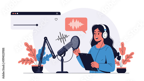 Female content creator recording a podcast into a microphone with headphones and digital audio waves on a soft background.