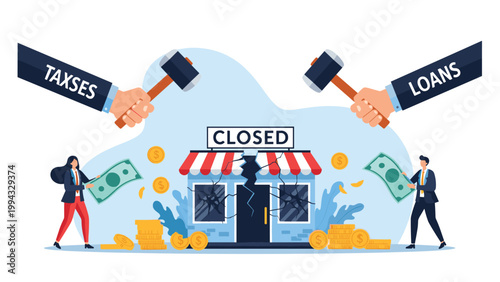 Financial burden and bankruptcy shown as giant hammers representing taxes and loans crushing a small retail store.