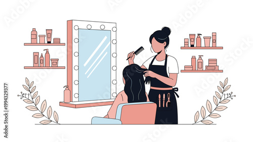 Skilled hairdresser styling a woman's hair in a professional beauty salon with products on shelves and a large mirror.
