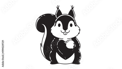 Cute Cartoon Squirrel Holding Nut with Big Eyes and Bushy Tail.