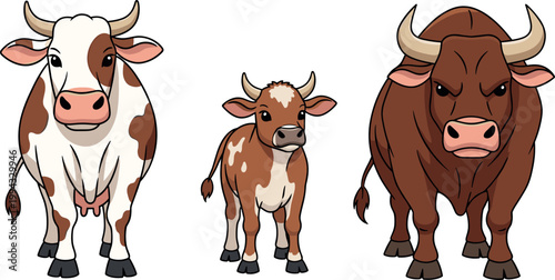 Cartoon Cow Family Including Cow, Calf, and Bull in Various Poses for Farm, Animal, and Rural Design