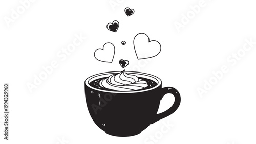 Black and White Illustration of a Coffee Cup with Heart-Shaped Steam.