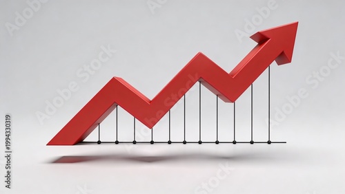  is a digital illustration featuring a stylized, three-dimensional red arrow graph on a light gray background. The arrow zigzags upward, symbolizing growth or increase, and is prominently displayed in