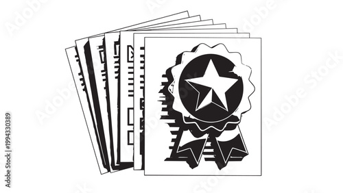 Black and White Illustration of Award Badge with Star and Ribbon.