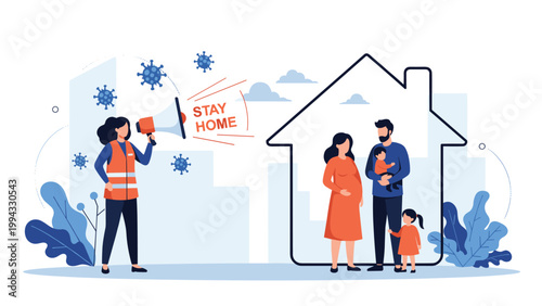 Female officer using megaphone to command family to stay home during coronavirus pandemic for safety and quarantine measures.