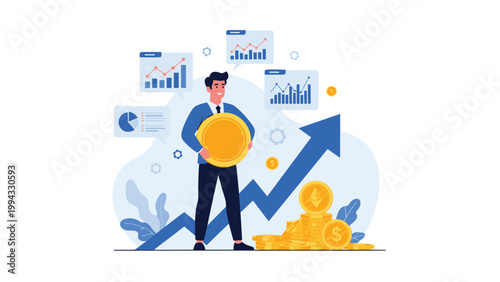 Successful businessman holding large golden coin standing in front of growing financial chart and arrow symbolizing profit and investment.