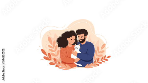 Happy young couple embracing and holding their white pet cat against soft floral background to show affection and domestic harmony.