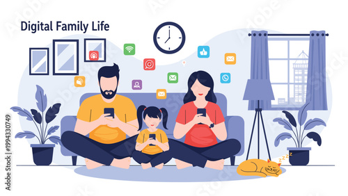 Illustration of digital family life showing father, mother, and child sitting on sofa all engrossed in their individual smartphones at home.