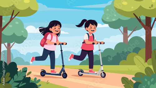 Happy young girls with backpacks riding kick scooters along park path among green trees on bright sunny day for outdoor fun.