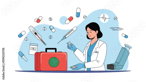 Professional female doctor preparing first aid kit with various medical supplies like syringe, thermometer, inhaler, and pills for patient care.