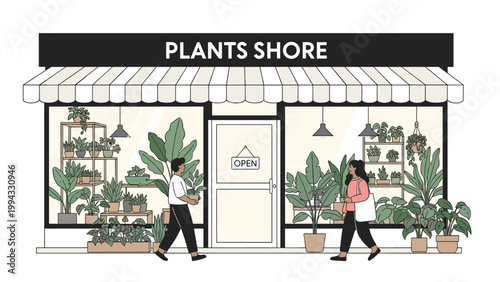 Exterior view of Plants Shore store featuring wide glass windows filled with diverse potted plants and customers walking by on sidewalk.