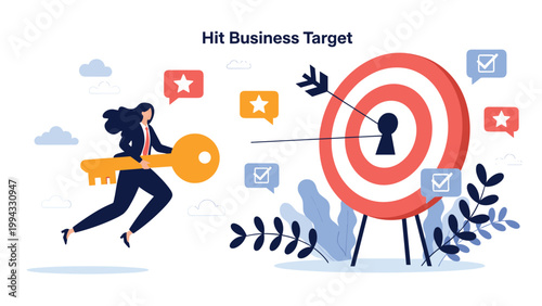 Goal-oriented businesswoman carrying large golden key and running towards target board to unlock business success and achieve objectives.