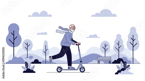 Active senior man wearing scarf and glasses riding kick scooter through scenic park with trees and mountains on breezy autumn day.