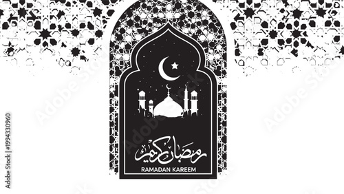 Beautiful Islamic Night Scene with Mosque and Crescent Moon in a Decorative Arch.