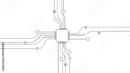 Close-up of a Microchip with Circuit Lines on a White Background.