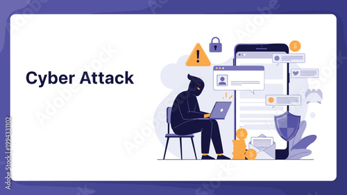 Illustration of cyber attack featuring hooded hacker using laptop to steal data with security icons and large smartphone in background.