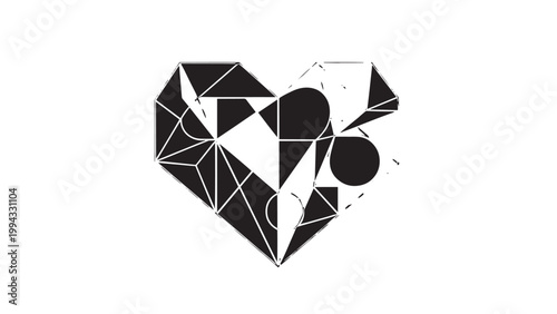 Abstract Heart Shape Composed of Geometric Black and White Triangles and Circles.
