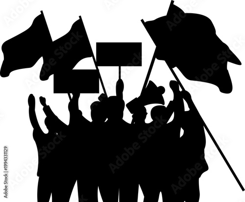 Silhouette Of Protesters Holding Flags