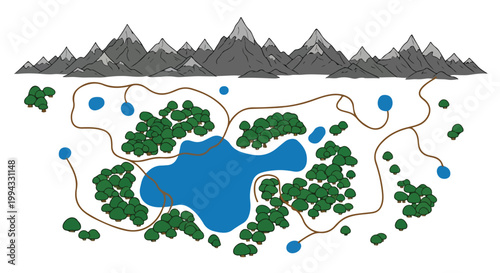 Hand drawn fantasy map vector, illustrated mountain range with forest and blue lake, adventure cartography landscape for gaming and storytelling