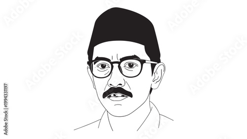 Black and white line drawing of a man with glasses and mustache, facing forward.