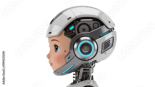 Futuristic robot head isolated on white background, cyborg with blue glowing elements for science fiction and technology concepts