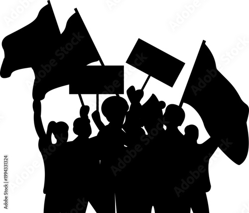 Silhouette Of Protesters Holding Flags
