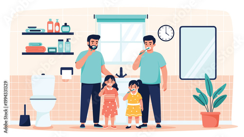 Daily morning routine showing happy family of four including parents and children brushing their teeth together in modern bright bathroom.