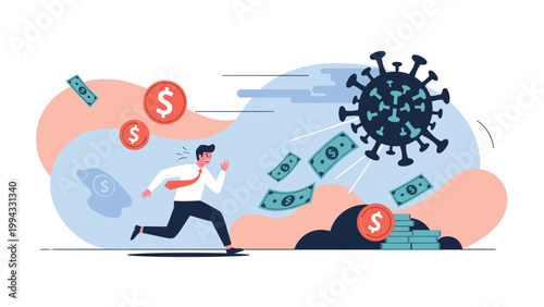 Economic impact of pandemic illustration with terrified businessman running away from giant coronavirus stealing his paper money and coins.