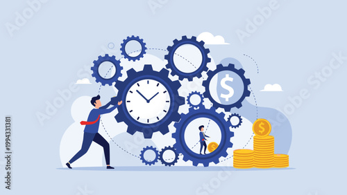 Time management and financial efficiency concept with businessman pushing large gear system containing clock, money, and smaller employee.