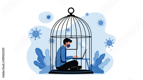 Illustration of isolation and remote work during quarantine with man wearing mask and using laptop inside giant birdcage surrounded by viruses.