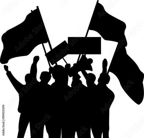 Silhouette Of Protesters Holding Flags