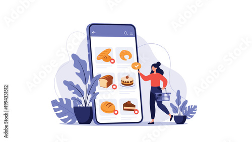 Modern woman using giant smartphone app to shop for bakery items like bread, cakes, and croissants for convenient online grocery delivery.