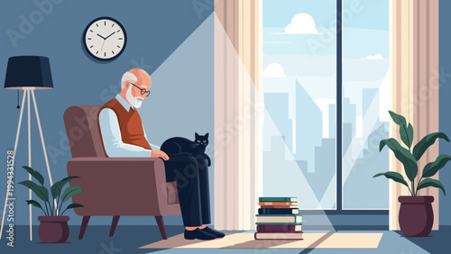 Peaceful scene of lonely senior man sitting in comfortable armchair with black pet cat on his lap by window in quiet living room.