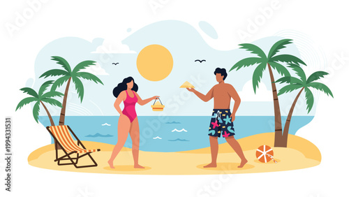 Happy young couple in swimwear building sandcastles on beautiful tropical beach with palm trees and ocean under bright sun.