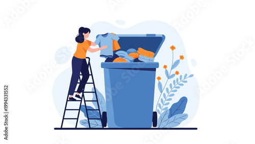 Young woman on a ladder recycling old clothes into a large blue bin to promote sustainable fashion and reduce environmental textile waste.