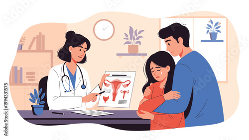 Professional female doctor showing a diagram of the female reproductive system to a sad couple during a fertility or health consultation.