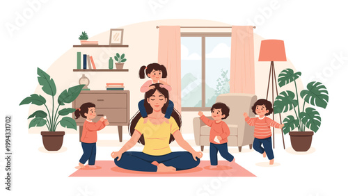 Stressed mother trying to find inner peace through meditation while her energetic young children play and run around her in the living room.