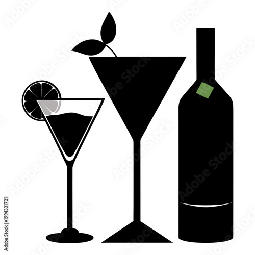 Black silhouette cocktails and bottle martini mojito