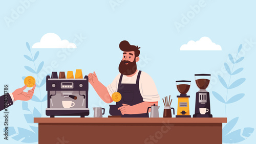 Friendly male barista standing behind a coffee shop counter while a customer pays for a fresh cup of coffee with a gold dollar coin.