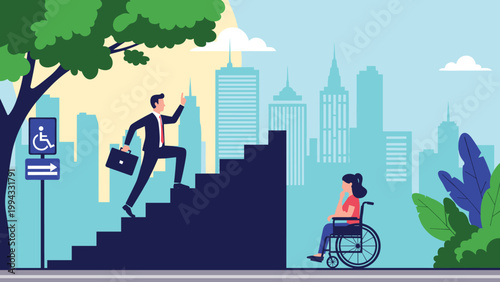 Successful businessman easily climbing a flight of stairs while a woman in a wheelchair faces physical barriers in an inaccessible city.