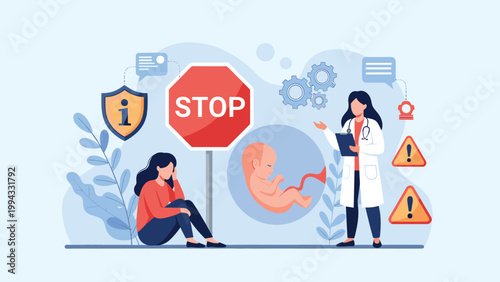 Concerned female doctor talking to a sad pregnant woman about healthcare options near a stop sign and a human fetus developmental icon.