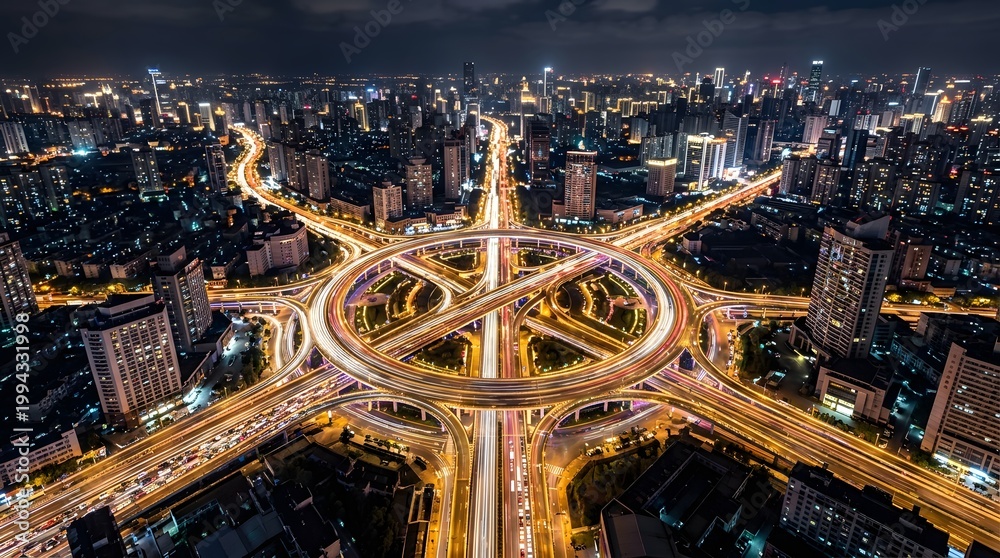 Fototapeta premium Aerial view of a bustling city at night with a large highway interchange