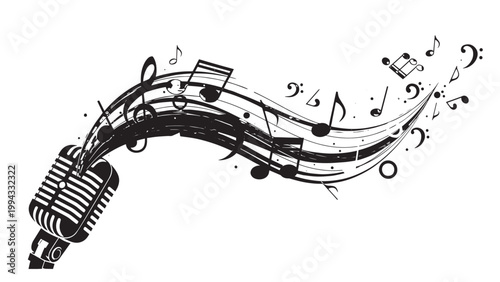 Dynamic musical notes flowing from a vintage microphone creating a lively soundscape.