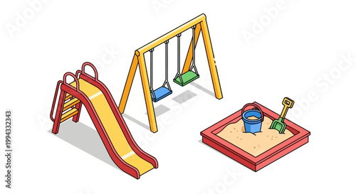 Isometric illustration of a playground featuring a yellow slide, a swing set with blue and green seats, and a sandbox containing a blue bucket and green shovel against a white background