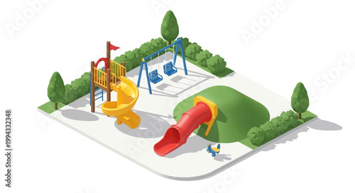Isometric illustration of a playground featuring a yellow slide, blue swings, and a red tunnel nestled within neatly trimmed green hedges, presented in a bright, cheerful style