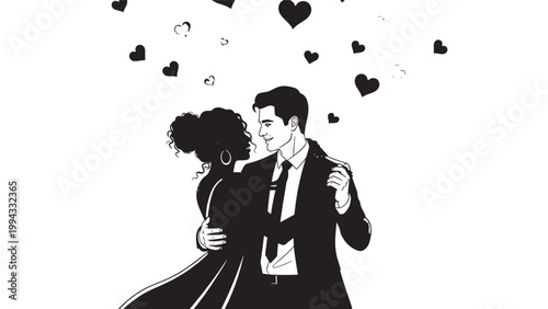 Elegant Couple Dancing Under Heart-Shaped Confetti in Romantic Scene.
