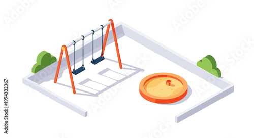 Isometric illustration presents a playground with swings and a sandbox, depicted in a top-down perspective with bright, contrasting colors against a clean white background