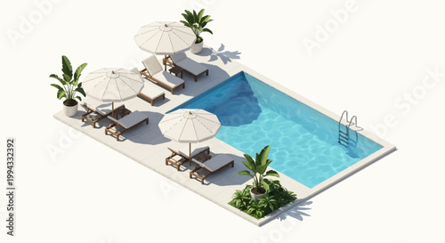 Isometric view of a swimming pool with lounge chairs and parasols, captured in a bright, minimalist style with a clean white background and a refreshing, summery mood that evokes relaxation